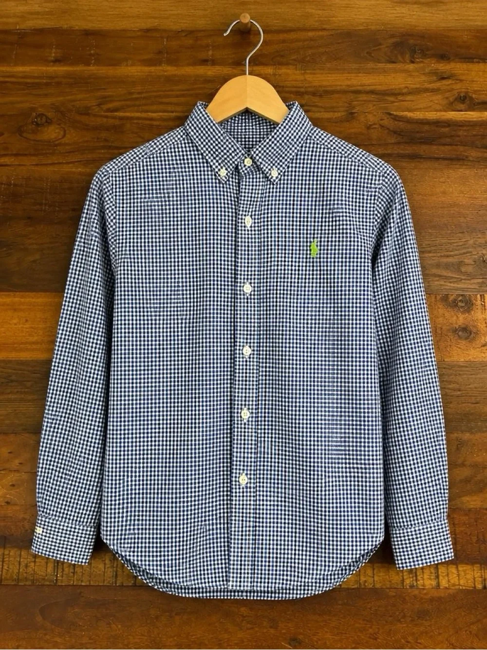 Ralph Lauren Boys M 10-12 Blue Gingham Button Down Shirt Green Pony Cotton